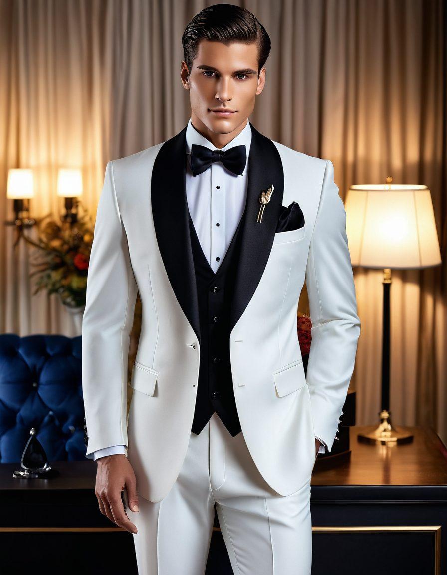 A stylish male mannequin showcasing a collection of formal wear including a tuxedo, suit, and accessories like ties and cufflinks, set against a classy backdrop of elegant wedding decor and an evening party scene. Incorporate soft lighting that highlights textures and colors of the fabrics, evoking a sense of sophistication and versatility for various occasions. Capture an essence of luxury and celebration. super-realistic. vibrant colors. classy backdrop.