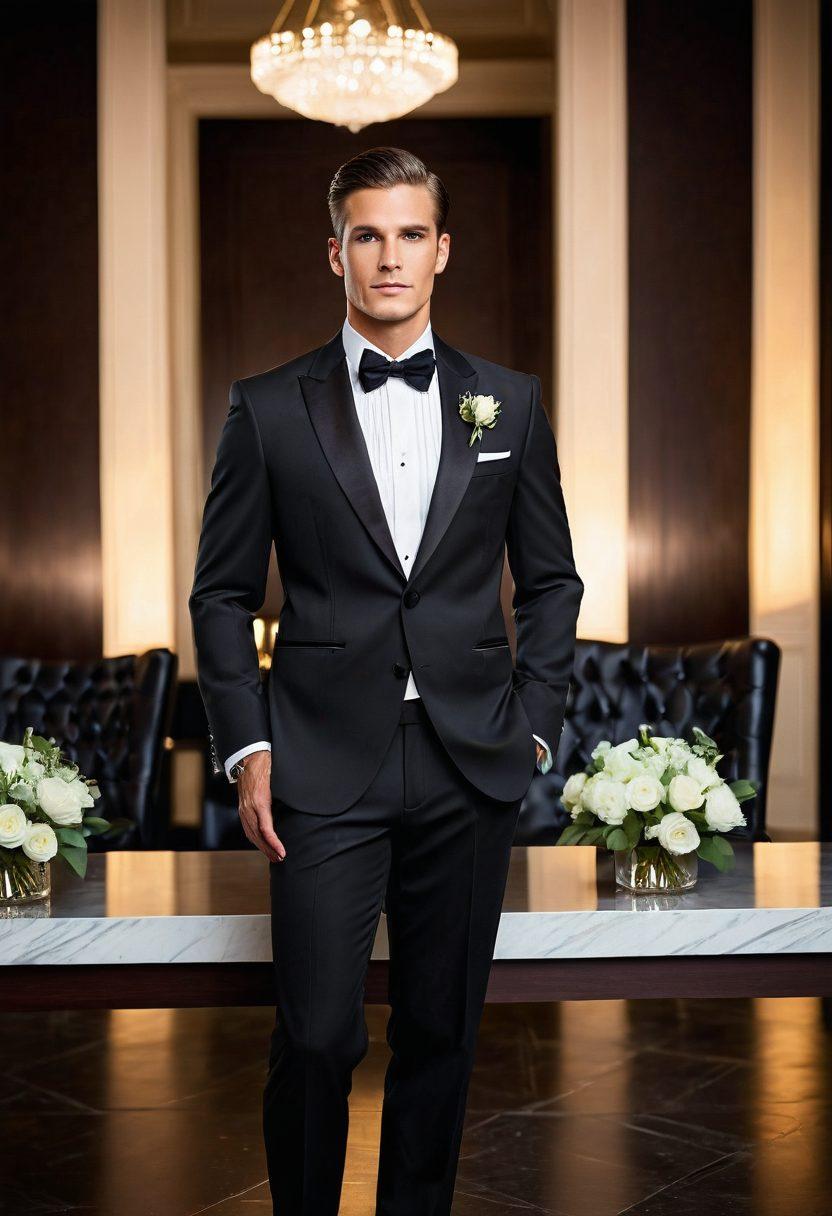 A stylish groom adjusting his sleek black tuxedo with a classic bowtie, surrounded by elegant formalwear options like tailored suits and accessories on display. The background features a classy venue setting with soft lighting and decorative elements to emphasize sophistication. A variety of fashion magazines and style guides scattered around for an added touch of inspiration. super-realistic. vibrant colors. elegant atmosphere.