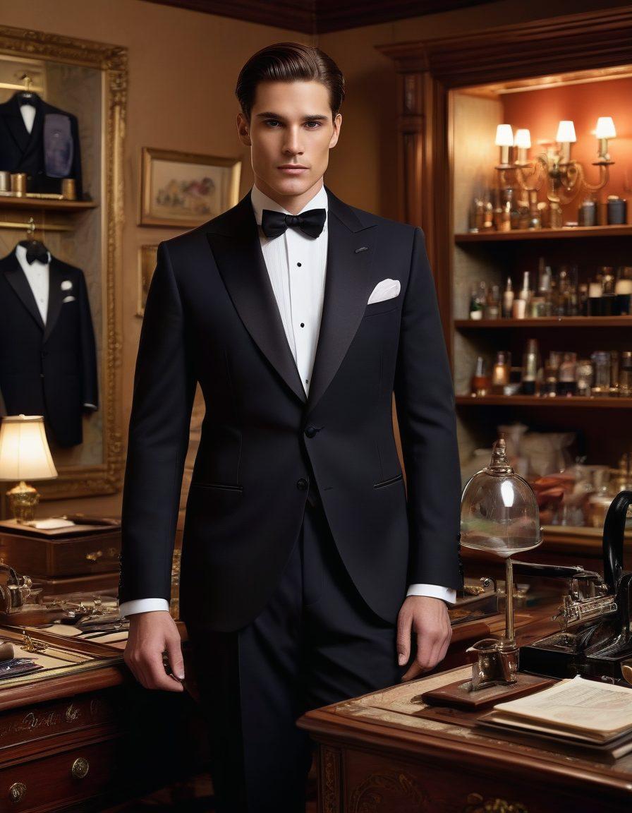 A sophisticated scene featuring a well-dressed gentleman in a tailored tuxedo, standing confidently against a backdrop of a lavishly decorated tailor shop filled with rich fabrics and suit samples. Soft lighting highlights the elegance of the tuxedo and the intricate details of the tailoring process, while a measuring tape, scissors, and sewing tools add context. The atmosphere is one of luxury and craftsmanship. super-realistic. vibrant colors. warm lighting.